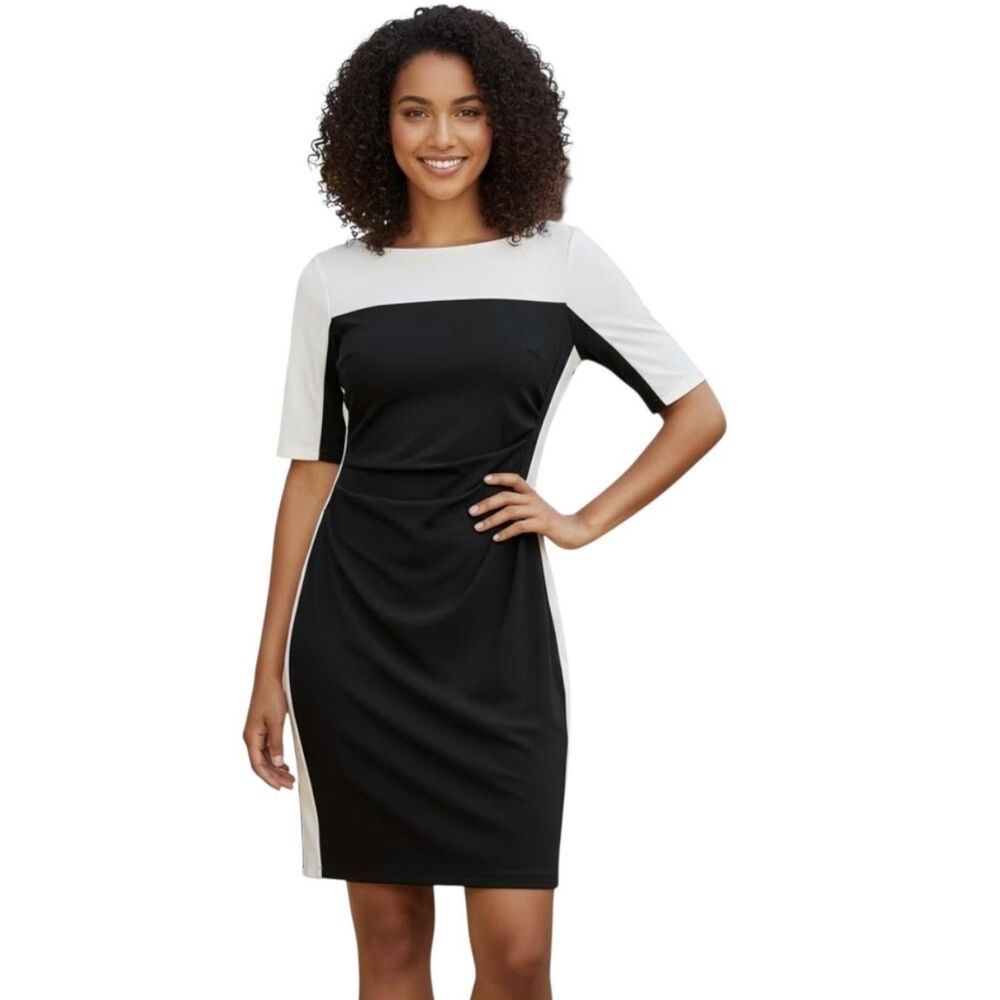 Chaps Dress Womens Large Black White Colorblock Sheath Ruched Stretch Boatneck
